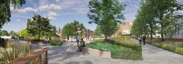 York Press:  Illustrative view of the river walk with views towards Clifford’s Tower and the Coppergate Centre  Image: BDP Design and Access Statement